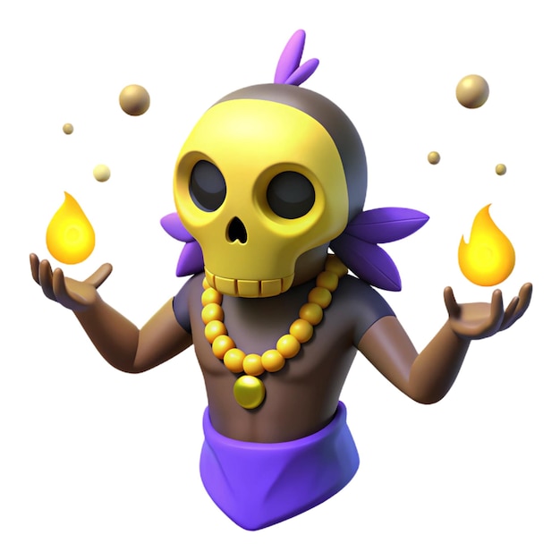 PSD a yellow skull with a purple outfit and a gold skull with a purple wings