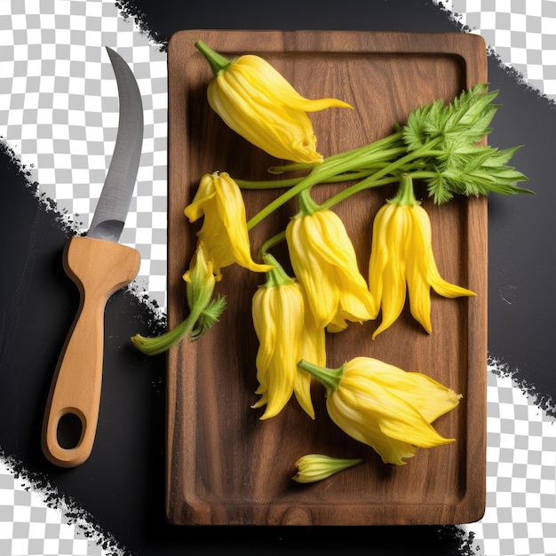 Yellow squash blossoms viewed from above on a dark wooden board