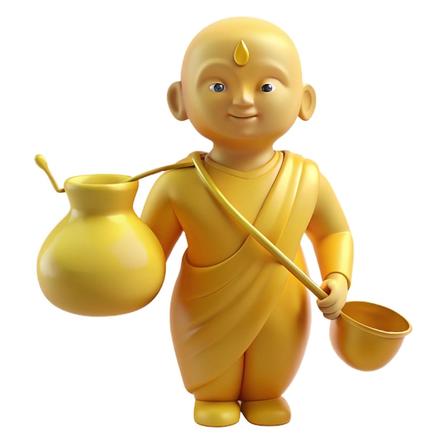 a yellow statue of a monk holding a pot and a spoon