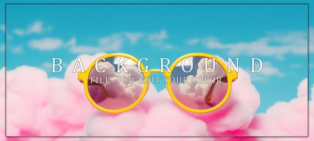 PSD yellow sunglasses on a pink cloud against a blue sky