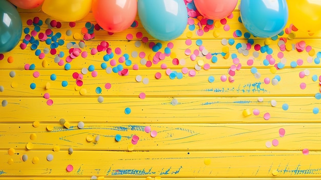 a yellow table with balloons happy birthday background