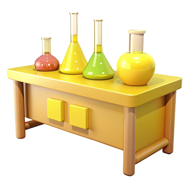 a yellow table with different colored bottles on it