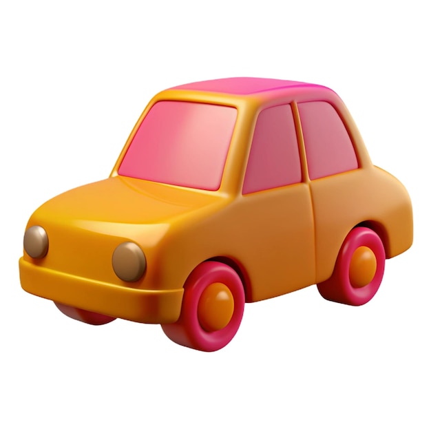 a yellow toy car with red wheels is shown