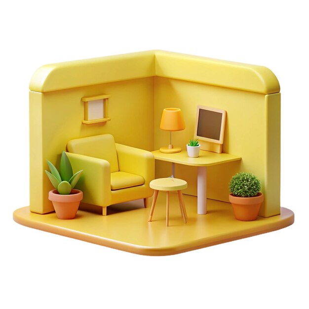 a yellow toy room with a plant and a lamp on the table