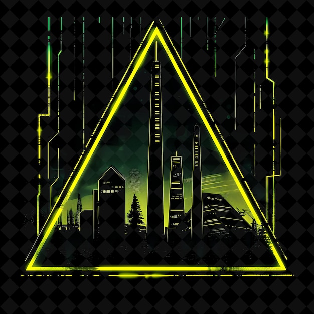 a yellow triangle with a city in the background