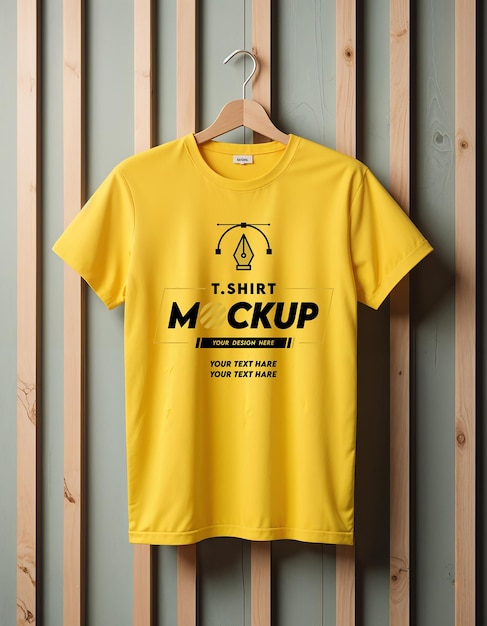 PSD a yellow tshirt mockup with nice wood background psd