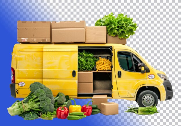 PSD a yellow van with a box of vegetables on the side and a box of broccoli on the side