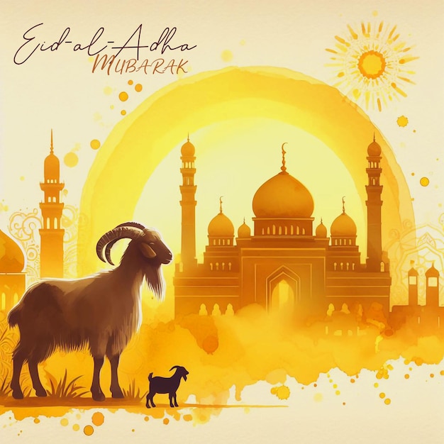 Yellow Watercolor Eid Al Adha Mubarak Islamic festival mosque and Goat background vector