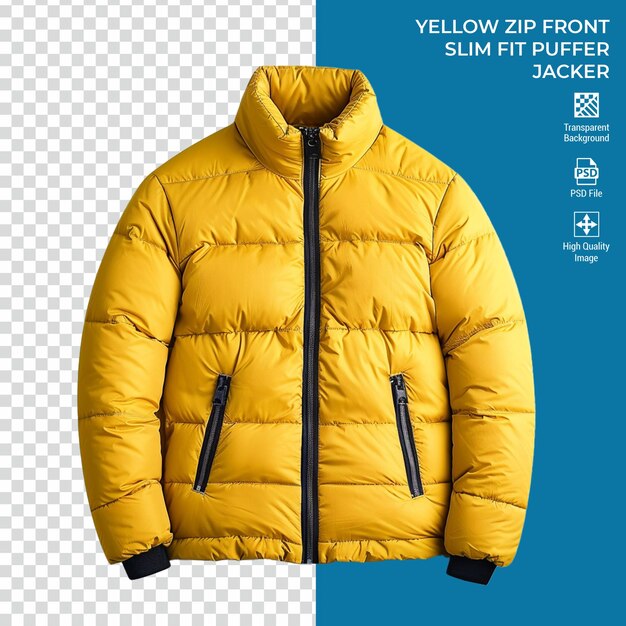 PSD yellow zip front slim fit puffer jacket isolated on transparent background psd