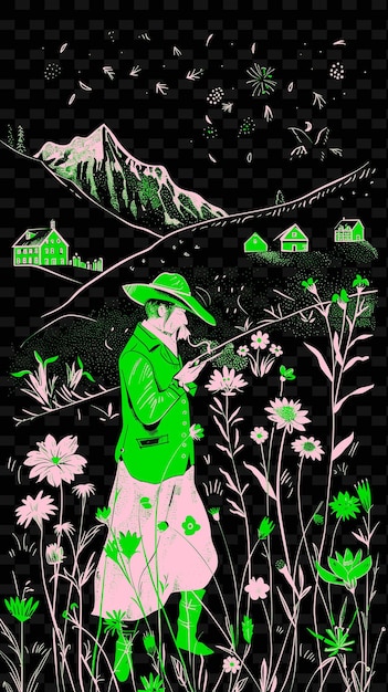 Yodeler in a Swiss Alpine Meadow With Wildflowers and Chalet Illustration Music Poster Designs