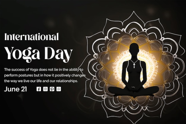 Yoga Day concept a girl practicing yoga pose silhouette with mandala style on black background