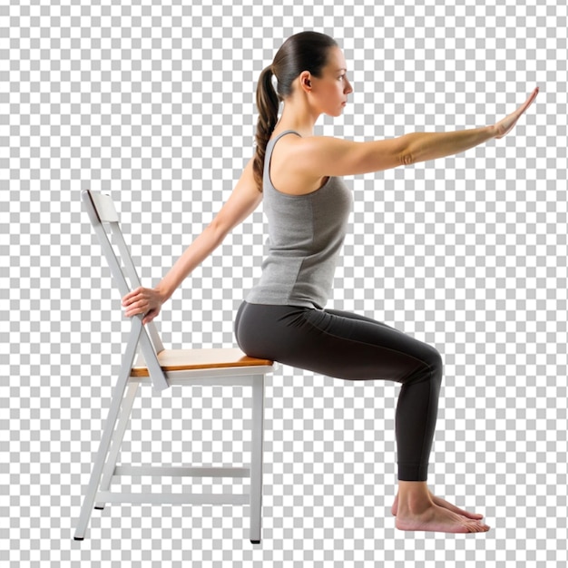 yoga exercises that can be done at home using a sitting chair on transparent background