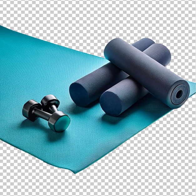 PSD yoga mat and dumbbells on transparent background