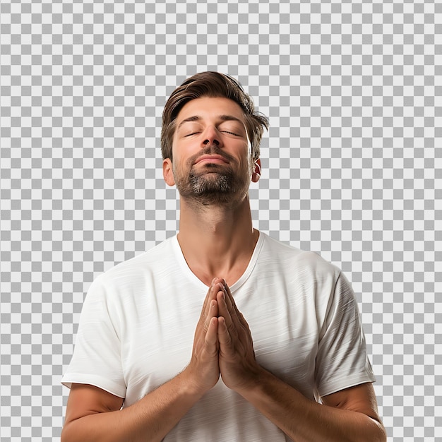 Yoga and meditation concept Concentrated relaxed man standing meditation on isolated transparent background