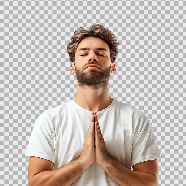 Yoga and meditation concept Concentrated relaxed man standing meditation on isolated transparent background