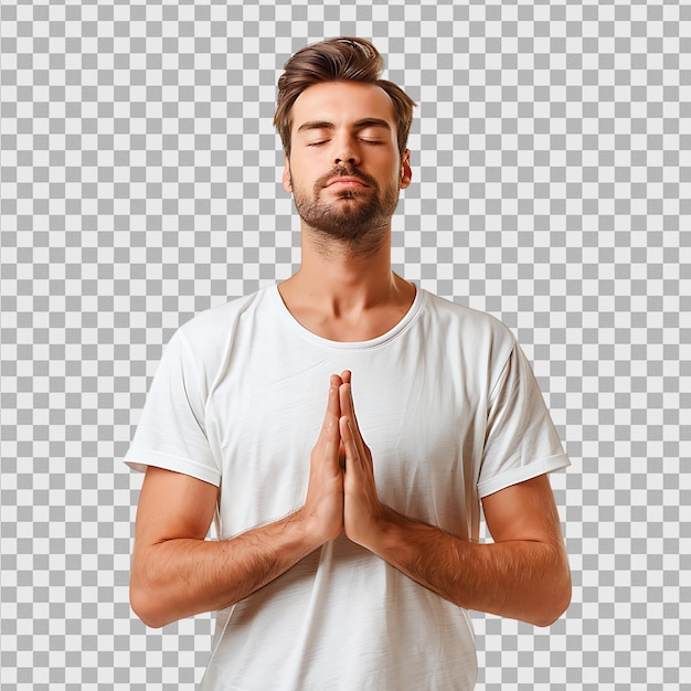 Yoga and meditation concept Concentrated relaxed man standing meditation on isolated transparent background