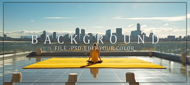 PSD yoga on a rooftop with city skyline view