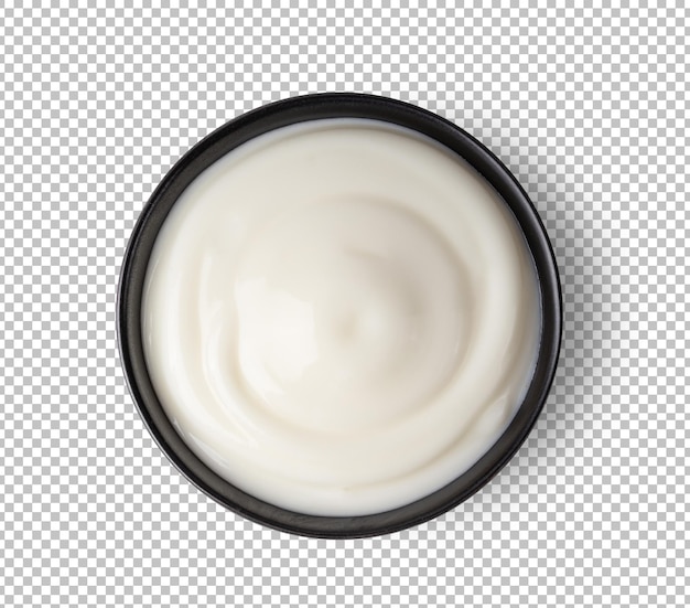 Yogurt in black bowl isolated on alpha layer