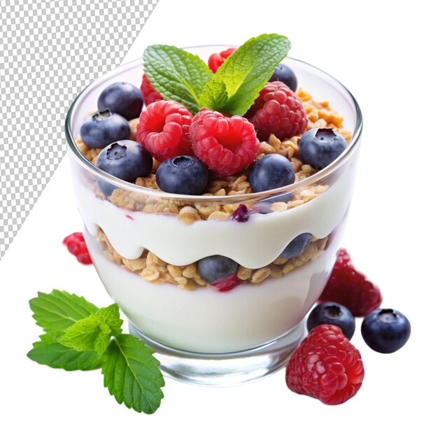 PSD yogurt with muesli and berries isolated on transparent background