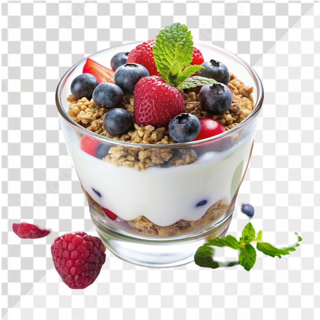 Yogurt with muesli and berries isolated on transparent background