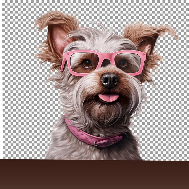 PSD yorkshire terrier dog with pink glasses isolated on transparent background