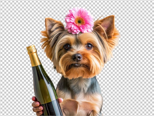 PSD yorkshire terrier holds a flower and a bottle of sparkling wine