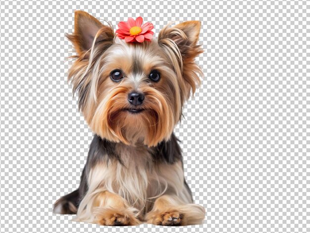 PSD yorkshire terrier holds a flower and a bottle of sparkling wine