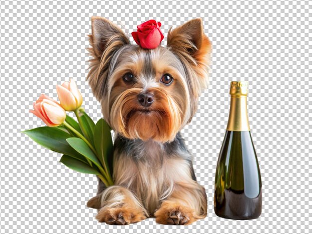 PSD yorkshire terrier holds a flower and a bottle of sparkling wine