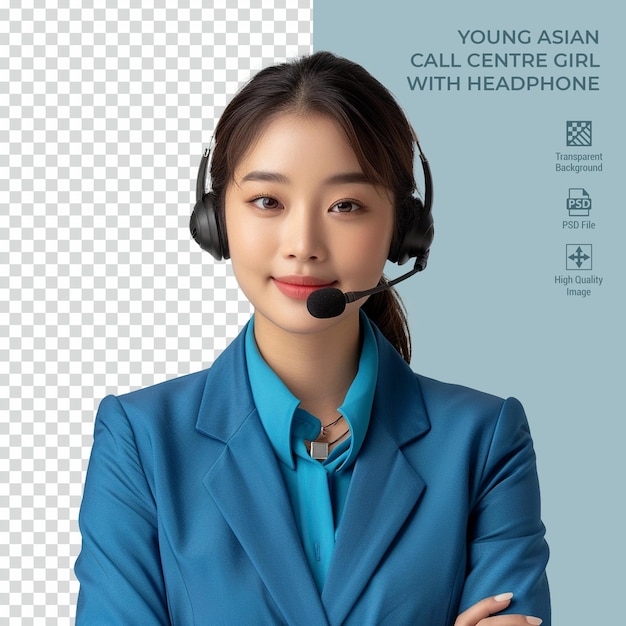 Young Asian Call Centre Girl with Headphone isolated on transparent background