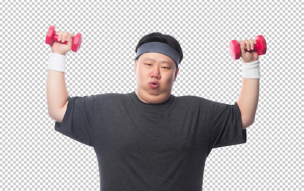 Young Asian fat man is exercising with his dumbbell Psd file