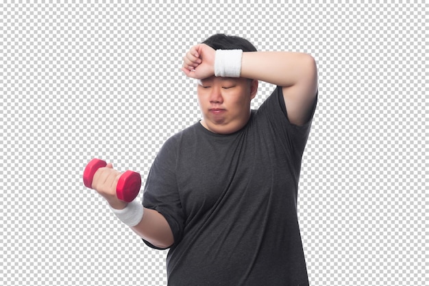 Young Asian fat man is exercising with his dumbbell Psd file