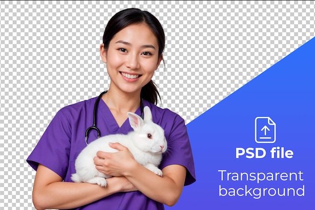 PSD a young asian female veterinarian in a purple scrub uniform holding a small white rabbit