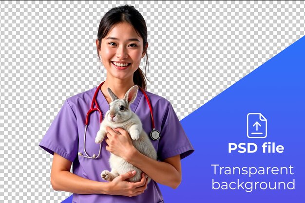 PSD young asian female veterinarian in purple scrubs holding a white rabbit