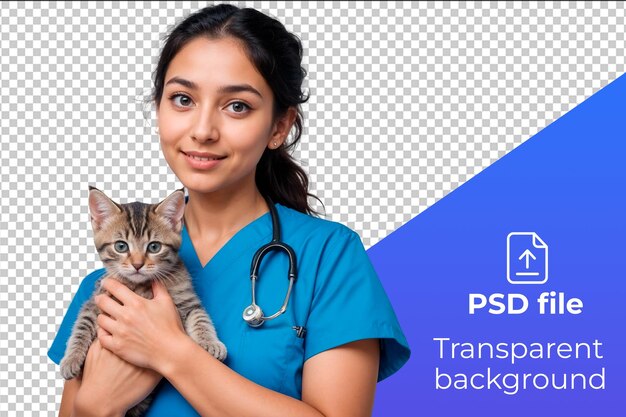 PSD young asian woman in blue medical scrubs holding a gray cat smiling at the camera