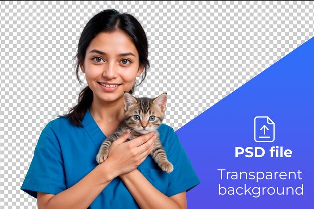 Young asian woman in blue medical scrubs holding a gray cat smiling at the camera