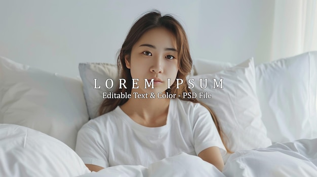 Young Asian woman in plain tshirts on the luxury white bed AI generated