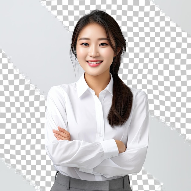 Young asian woman professional entrepreneur standing in office clothing smiling and looking confident transparent background