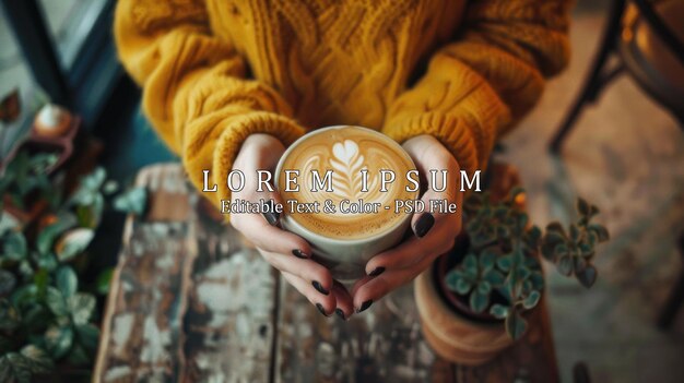 PSD young beautiful happy woman with long curly hair enjoying cappuccino