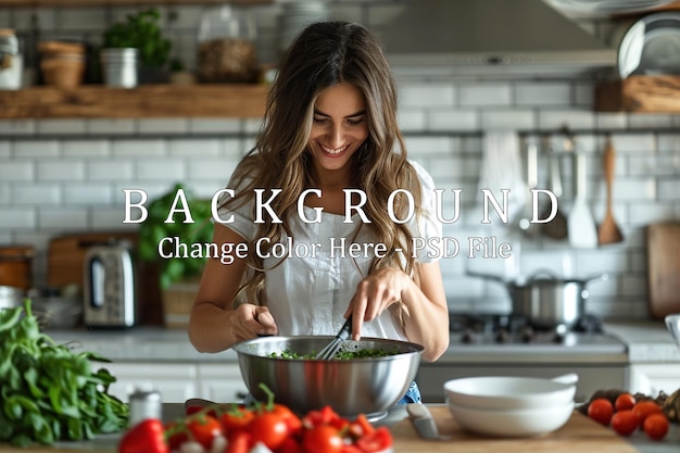 PSD young beautiful woman enjoy cooking healthy food in the kitchen at home