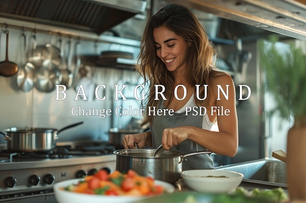 PSD young beautiful woman enjoy cooking healthy food in the kitchen at home