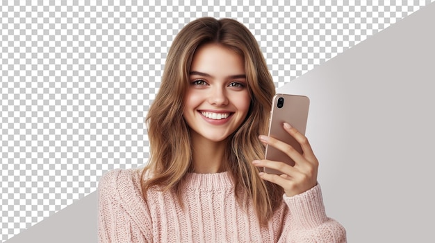 PSD young beautiful woman smiling and checking her phone on isolated background