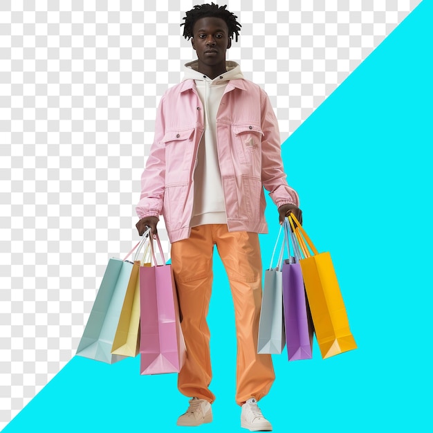 Young black man in pastel colored clothes holding shopping bags transparent background