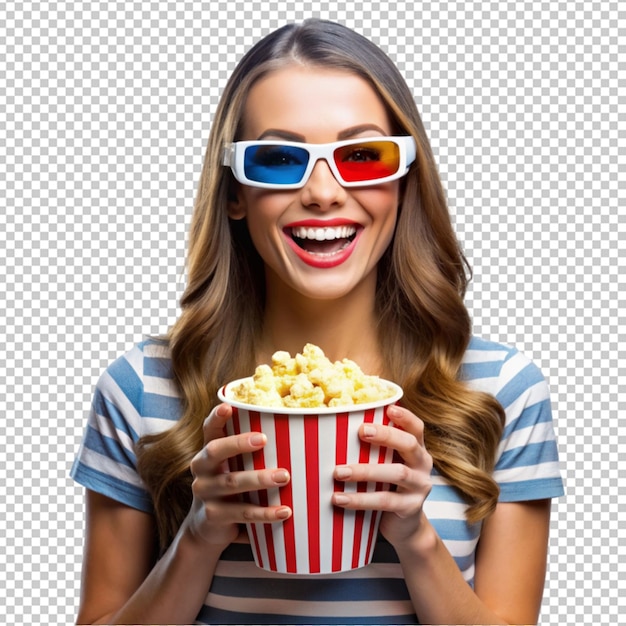 PSD young blonde woman over isolated holding a big bucket of popcorns