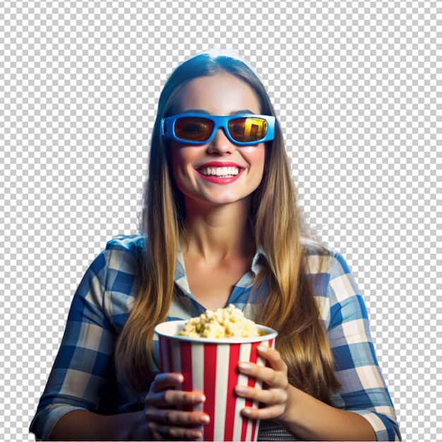 PSD young blonde woman over isolated holding a big bucket of popcorns