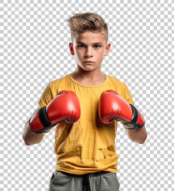 PSD young boxer with red boxing gloves isolated on transparent background