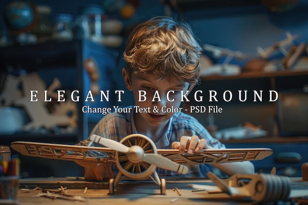 PSD young boy assembling wooden airplane model