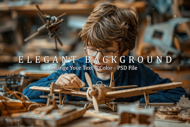 Young Boy Building a Wooden Airplane in a Workshop