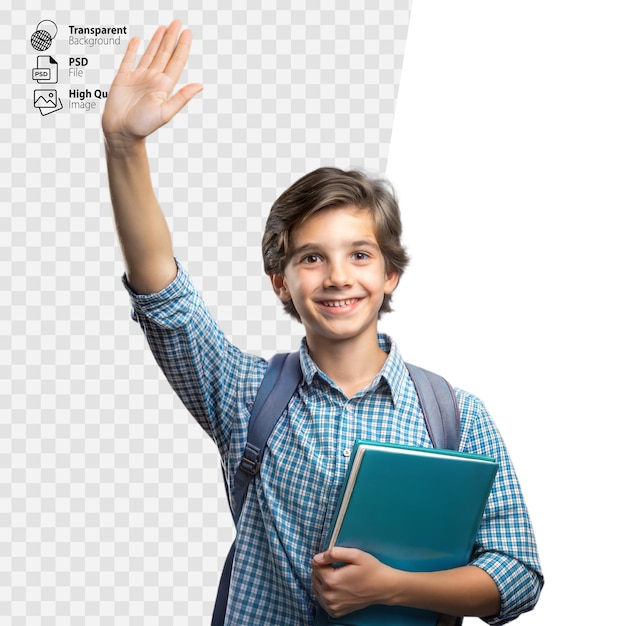 Young Boy Holding Book and Waving