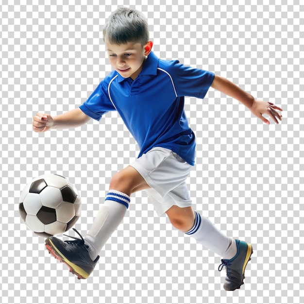 A young boy kicking a soccer ball on transparent background