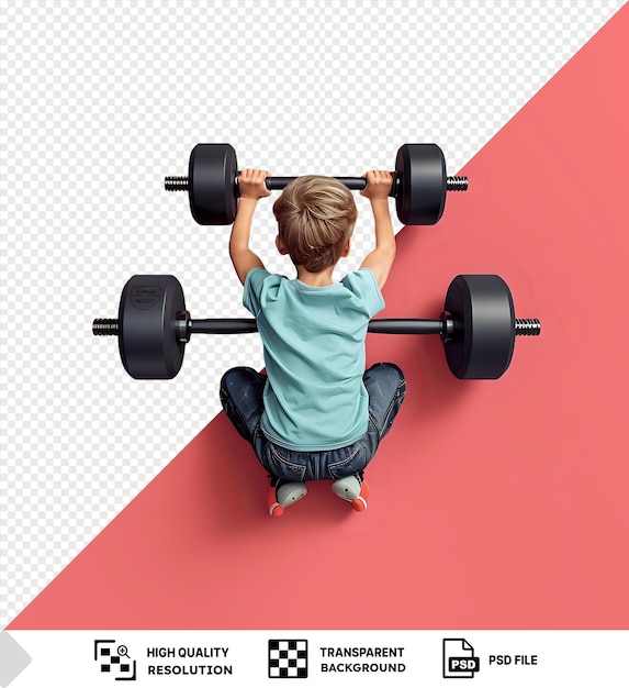 PSD young boy lifting weights against a transparent background strength training in minimalist setting fitness concept with isolated background